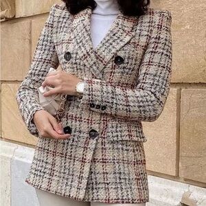 Zara Women's Plaid Double-Breasted Coat - Black and White